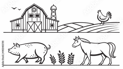 Rustic Farm Scene Illustration Barn, Animals, and Rolling Hills