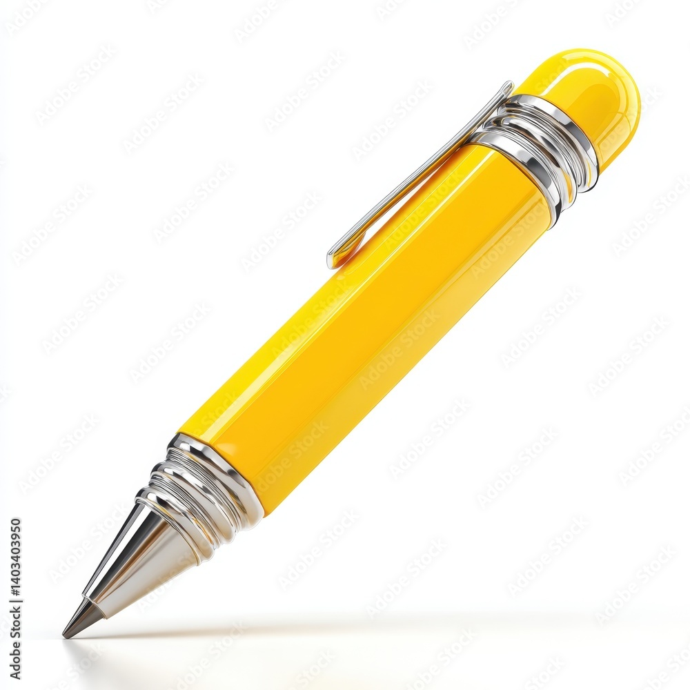 Yellow ballpoint pen with silver accents on a white background. Writing instrument for office or school. Yellow ballpoint pen with silver accents on a white background. Writing instrument for office or school.
