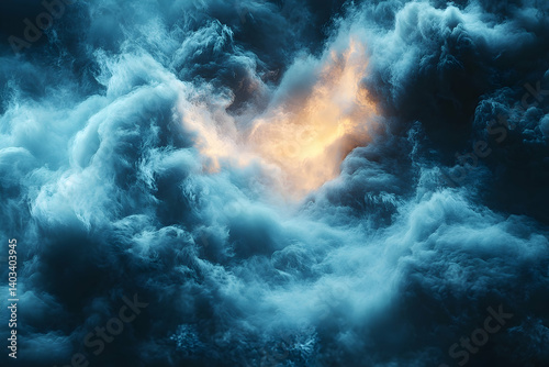 Dramatic clouds illuminated by a warm glow, creating a mystical atmosphere in a stormy sky