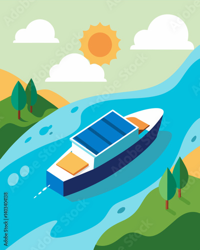 As the solarpowered boat drifted along the river the only sound was the gentle hum of the electric motor.. Vector illustration