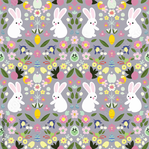 Cute Easter Pattern with Bunnies and Spring Elements

