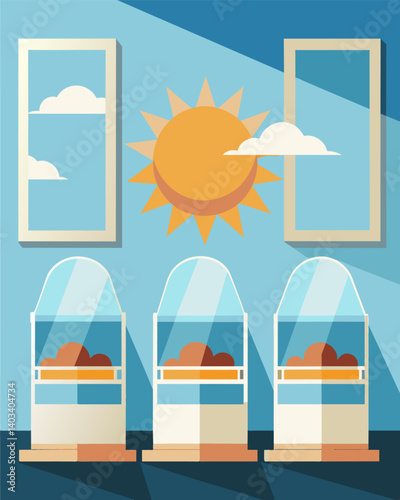 As the sun filters through the windows the neonatal incubators keep fragile babies warm and safe with their solarpowered heating systems.. Vector illustration