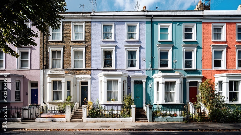 Fototapeta premium Colorful European townhouses with bay windows and ornate facades lining a street, parked cars and trees in the background under daytime natural lighting.