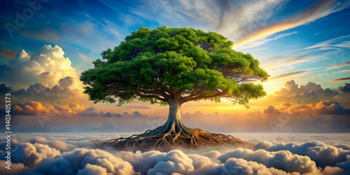 Magical tree with roots reaching into the clouds