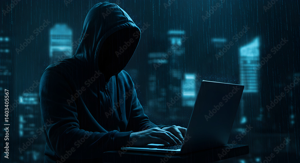 Anonymous Hacker in Hoodie Typing on Laptop with Cityscape Background During Night Time Anonymous Hacker in Hoodie Typing on Laptop with Cityscape Background During Night Time