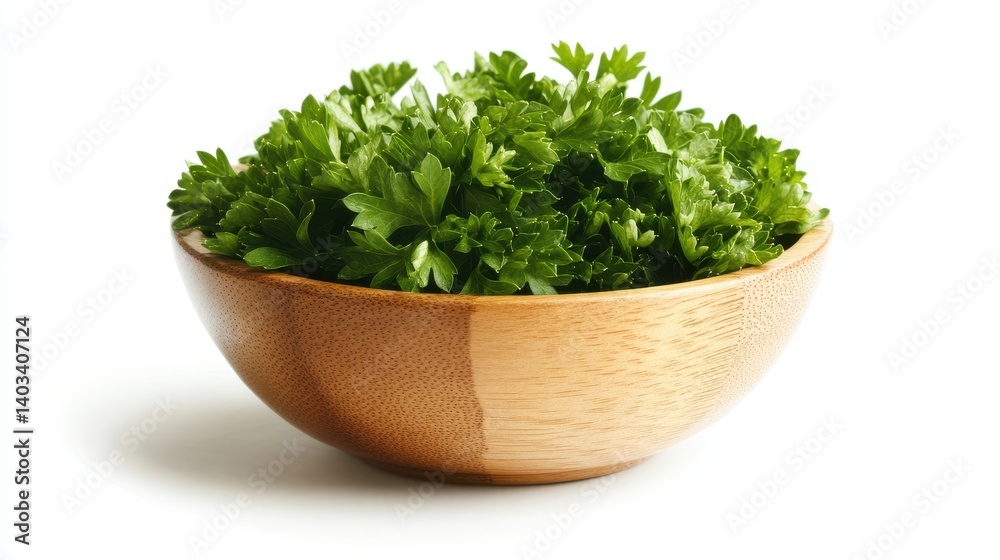 Dried Parsley Flakes in a Rustic Wooden Bowl, Isolated Against a Clean White Background Dried Parsley Flakes in a Rustic Wooden Bowl, Isolated Against a Clean White Background