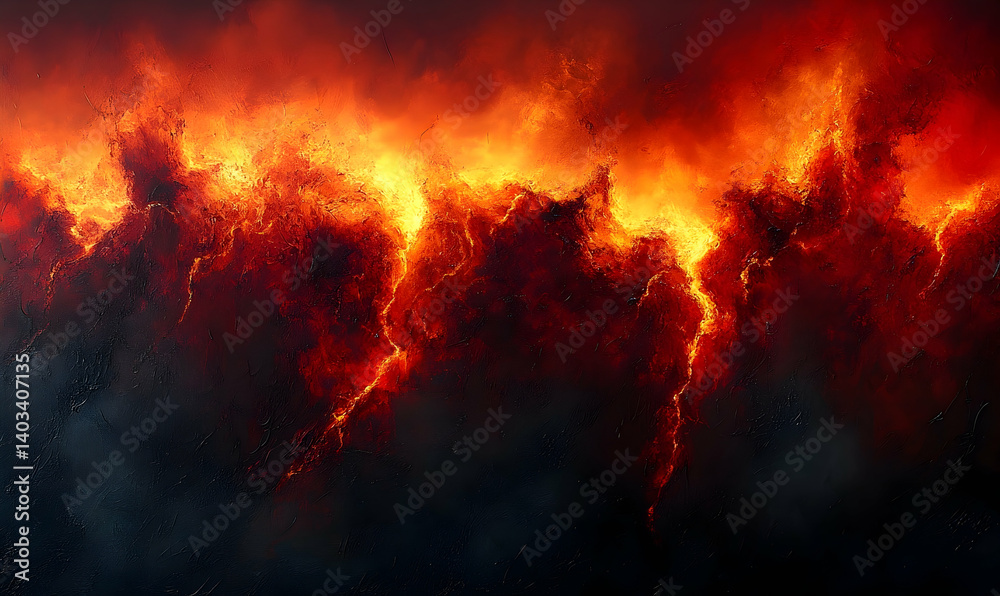 Dramatic fiery landscape depicting a raging inferno with dark smoke and glowing embers in the background
