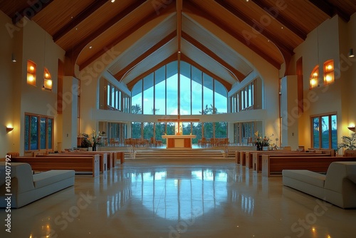 Contemporary Church Lobby: Welcoming Fellowship Hall Overlooking the Inner Sanctuary