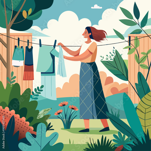 A woman is hanging clothes on a clothesline. The clothes are white and red. The woman is wearing a yellow shirt. The clothesline is in a garden