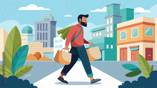 A man in an orange shirt is walking down a city street with a bag of groceries. The scene is set in a city with tall buildings and a few potted plants. The man is in a hurry