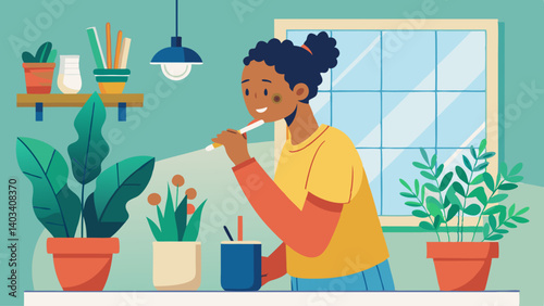 A woman is brushing her teeth in front of a potted plant. The scene is bright and cheerful, with the woman smiling and the plants adding a touch of greenery to the room
