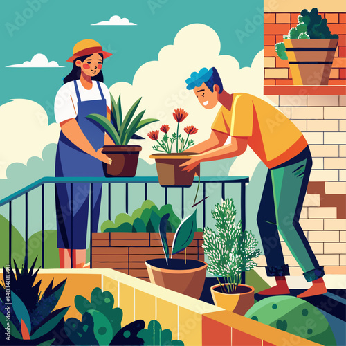 A man and a woman are planting flowers in a pot. The woman is wearing a blue apron and the man is wearing a yellow shirt