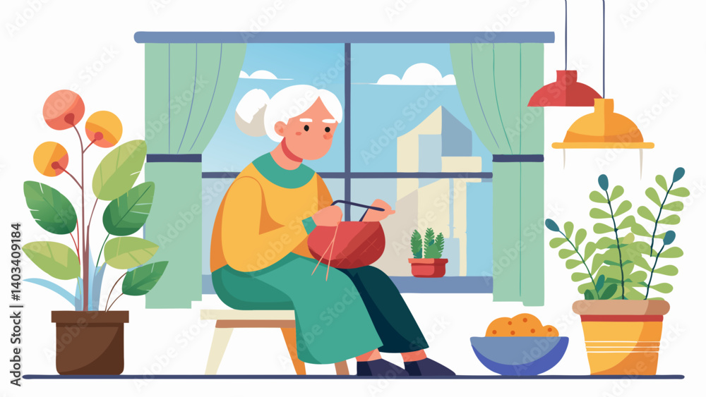 A woman is sitting in a chair and knitting. She is smiling and seems to be enjoying herself. The room is decorated with plants and a potted plant is visible in the background A woman is sitting in a chair and knitting. She is smiling and seems to be enjoying herself. The room is decorated with plants and a potted plant is visible in the background
