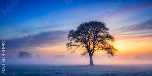 Tree standing alone in foggy twilight