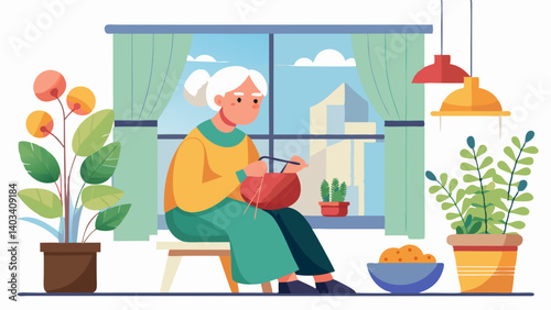 A woman is sitting in a chair and knitting. She is smiling and seems to be enjoying herself. The room is decorated with plants and a potted plant is visible in the background