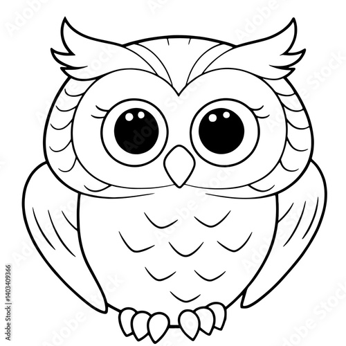 Cute cartoon owl illustration for kids coloring book page, black and white outlined animal drawing with big eyes, early childhood art activities, educational fun
