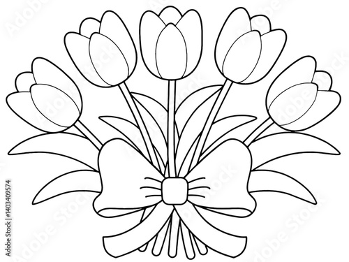 tulip bouquet coloring page with ribbon bow – floral spring illustration for kids, DIY cards, creative coloring, flower arrangement activity, and holiday gift design