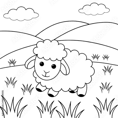 sheep, ewe, lamb standing in grassy meadow with hills and clouds, black and white coloring page for kids, printable A4 or 8.5x11 inch sheet for farm animal fun and early childhood art education