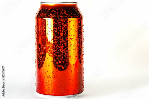 Close-up of a chilled, condensation-covered red beverage can against a white background photo