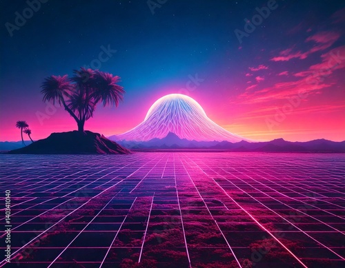 A background with a retro geometric purple line and a distant sun, in a futuristic gaming style