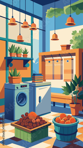 A kitchen with a washer and dryer, a potted plant, and a basket of oranges. The room is bright and cheerful, with a sunny window and a green plant adding a touch of nature