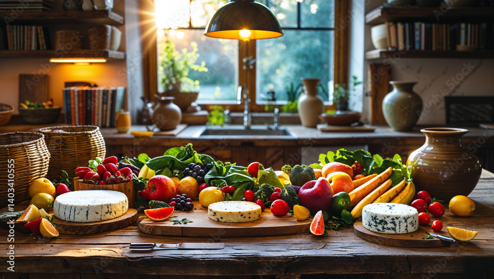 Rustic Kitchen Still Life With Cheese Fruits And Vegetables On A Wooden Table Rustic Kitchen Still Life With Cheese Fruits And Vegetables On A Wooden Table