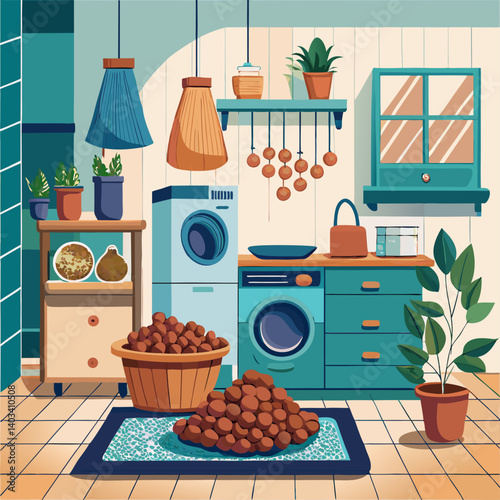 A kitchen with a washer and dryer, a potted plant, and a basket of oranges. The room is bright and cheerful, with a sunny window and a green plant adding a touch of nature