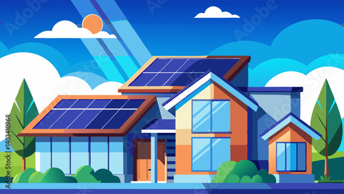 A house with a solar panel on the roof. The house is surrounded by trees and has a sunny day