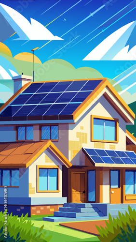 A house with a solar panel on the roof. The house is surrounded by trees and has a sunny day