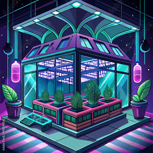 A neon green room with plants and a computer. The room is lit up with neon lights and has a futuristic feel