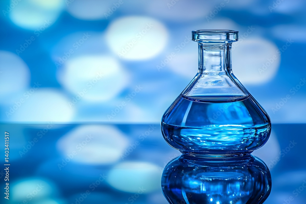 Blue Liquid in Glass Flask on Reflective Surface with Bokeh Background Blue Liquid in Glass Flask on Reflective Surface with Bokeh Background