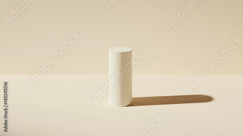 Minimalist beige cylinder standing on a light background with a long shadow, ideal for product display or branding mockup in contemporary design