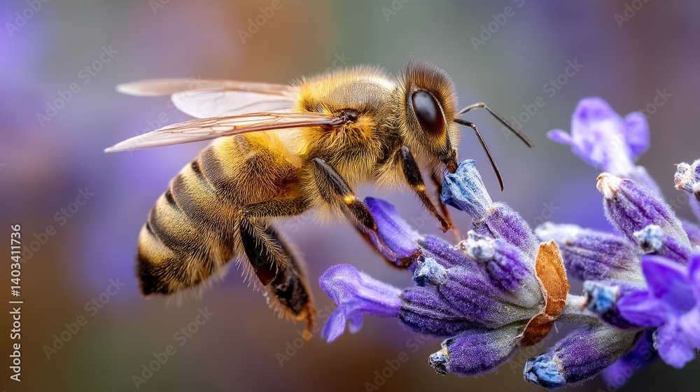 Close-Up Macro Shot of Honeybee Collecting Nectar from Delicate Lavender Flower Close-Up Macro Shot of Honeybee Collecting Nectar from Delicate Lavender Flower
