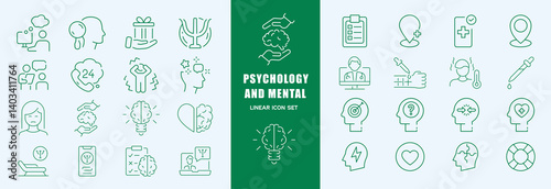 Psychology and mental icon set. Linear style. Editable Stroke.