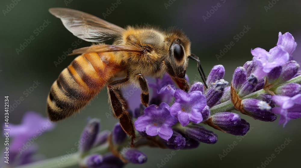 Close-Up Macro Shot of Honeybee Collecting Nectar from Lavender Flower Close-Up Macro Shot of Honeybee Collecting Nectar from Lavender Flower