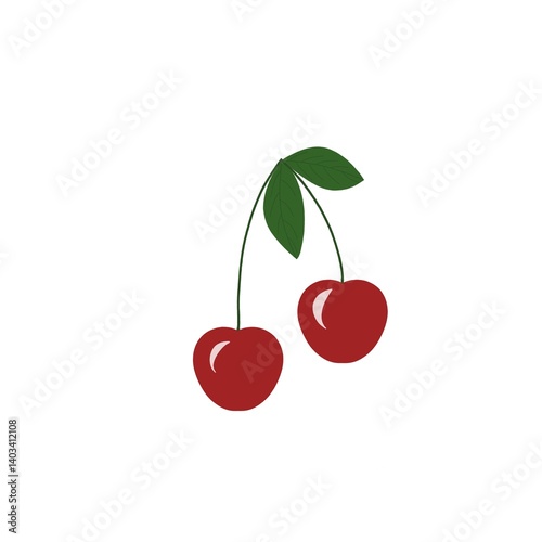 Two red cherries with green leaves on white background. Simple, minimalistic fruit illustration, perfect for design, prints, or food-related content.