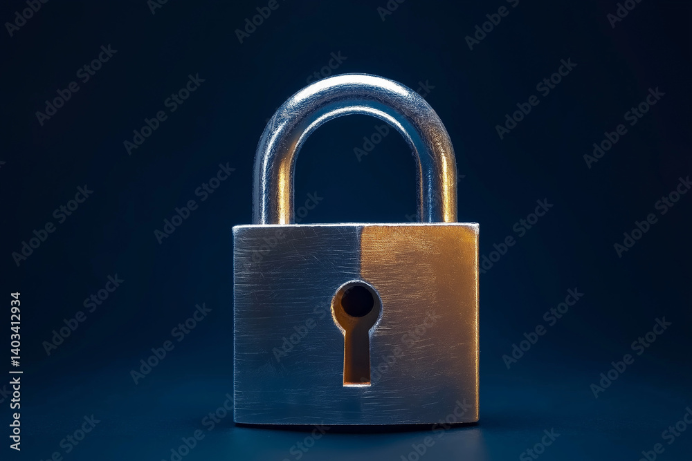 Naklejka premium Digital padlock for computing system on dark blue background, cyber security technology for fraud prevention and privacy data network protection concept