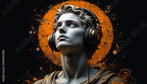 Gray-Toned Sculpture of Young Man with Headphones, Surrounded by Abstract Orange Halo and Musical Notes.