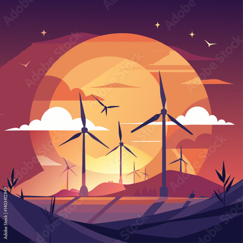 A serene and peaceful scene of wind turbines in a field, with a beautiful sunset in the background. The wind turbines are spread out across the field, with some closer to the foreground
