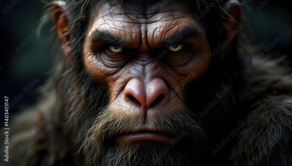 Close-up Portrait of a Hairy Sasquatch Creature with Intense Green Eyes Close-up Portrait of a Hairy Sasquatch Creature with Intense Green Eyes
