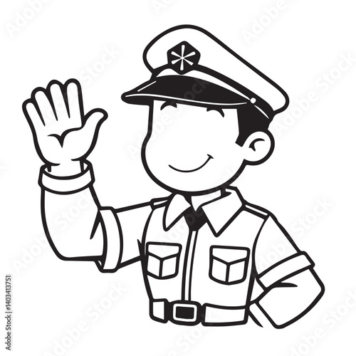 Outline illustration of a polite police officer giving a friendly hand gesture