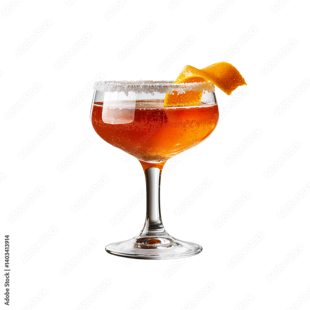 A stylish cocktail in a coupe glass, garnished with an orange twist and a sugared rim.