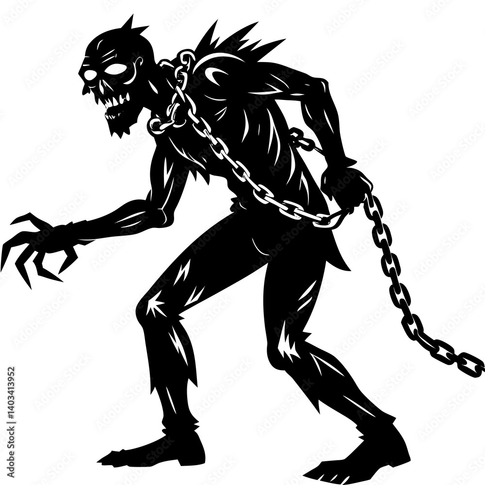 Fototapeta premium A vector silhouette illustration of a chained zombie dragging one leg 