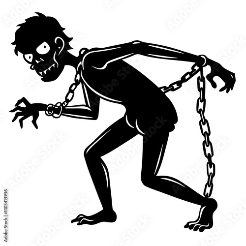 A vector silhouette illustration of a chained zombie dragging one leg 