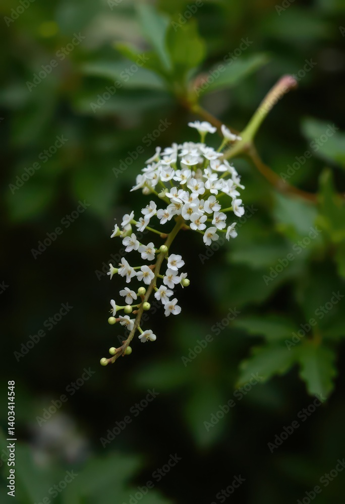 Delicate sprig, tiny white blossoms clustered on vibrant green foliage, bloom, pure, natural Delicate sprig, tiny white blossoms clustered on vibrant green foliage, bloom, pure, natural