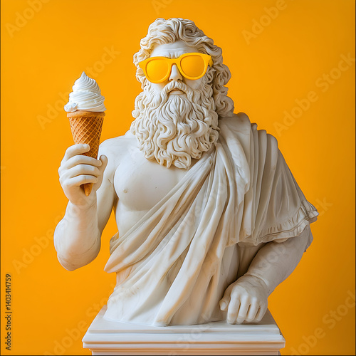 Statue of zeus wearing sunglasses and holding an ice cream cone against a yellow background photo