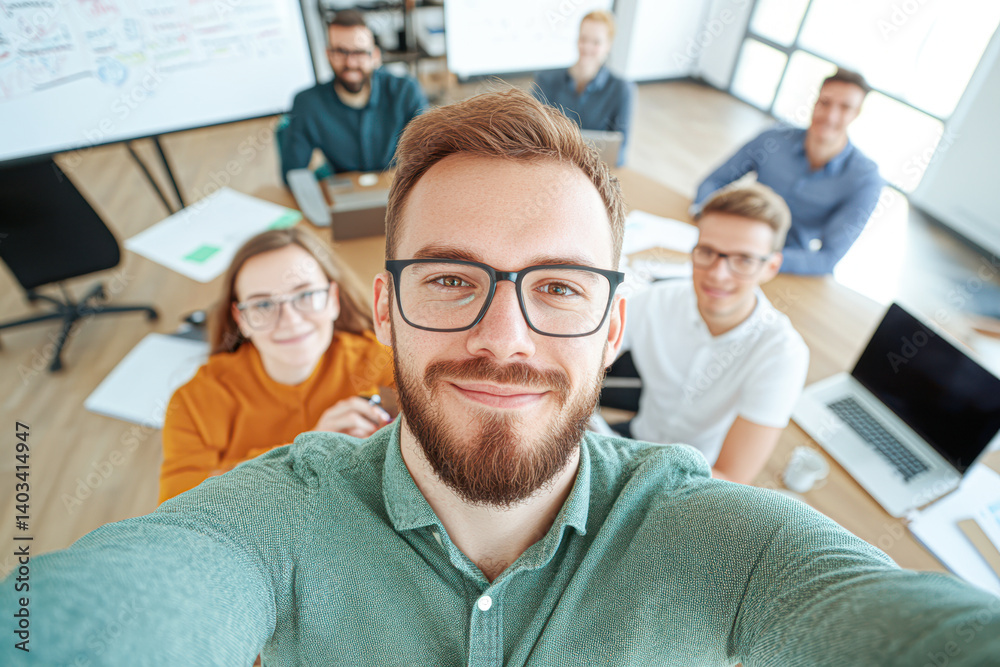 Obraz premium Group of professionals smiling for a selfie in a modern office environment.