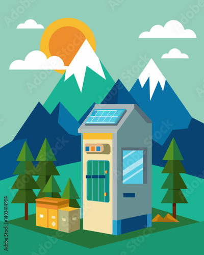 In a small village in the mountains a solarpowered fridge stands outside a community center offering a cool place for villagers to store their produce and perishables.. Vector illustration
