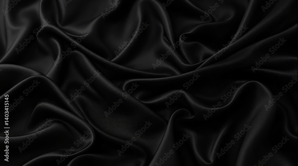 Obraz premium Flowing Black Silk Fabric Texture Background. Beautiful soft folds on the fabric. Black elegant background with copy space for your design.