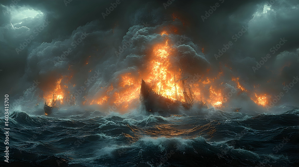 Dramatic scene of burning ships in a stormy sea, with dark clouds and roaring waves in the background Dramatic scene of burning ships in a stormy sea, with dark clouds and roaring waves in the background